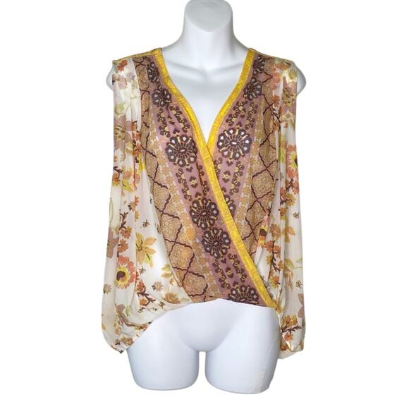 Free People Shirt Womens Large Havana Mesh Crossover Top Mango Pink Orange Gold - Picture 1 of 11